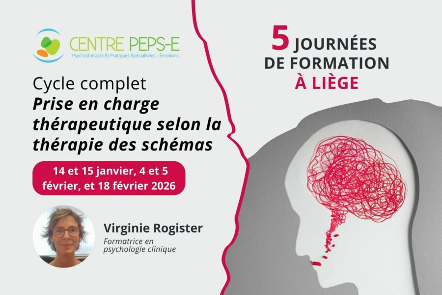 5 journées de formation (Liège) - PRISE EN CHARGE THÉRAPEUTIQUE SELON LA THÉRAPIE DES SCHÉMAS - 14 et 15 janvier, 4 et 5 février, et 18 février 2026
