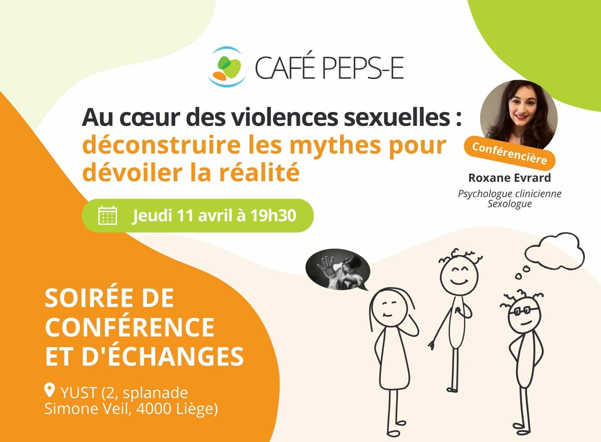 Café PEPS-E - Soirée de conférence et d'échanges : Au cœur des violences sexuelles, déconstruire les mythes pour dévoiler la réalité à Liège le 11 avril 2024
