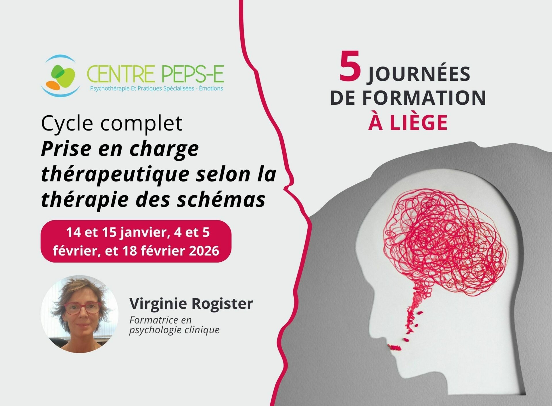 5 journées de formation (Liège) - PRISE EN CHARGE THÉRAPEUTIQUE SELON LA THÉRAPIE DES SCHÉMAS - 14 et 15 janvier, 4 et 5 février, et 18 février 2026