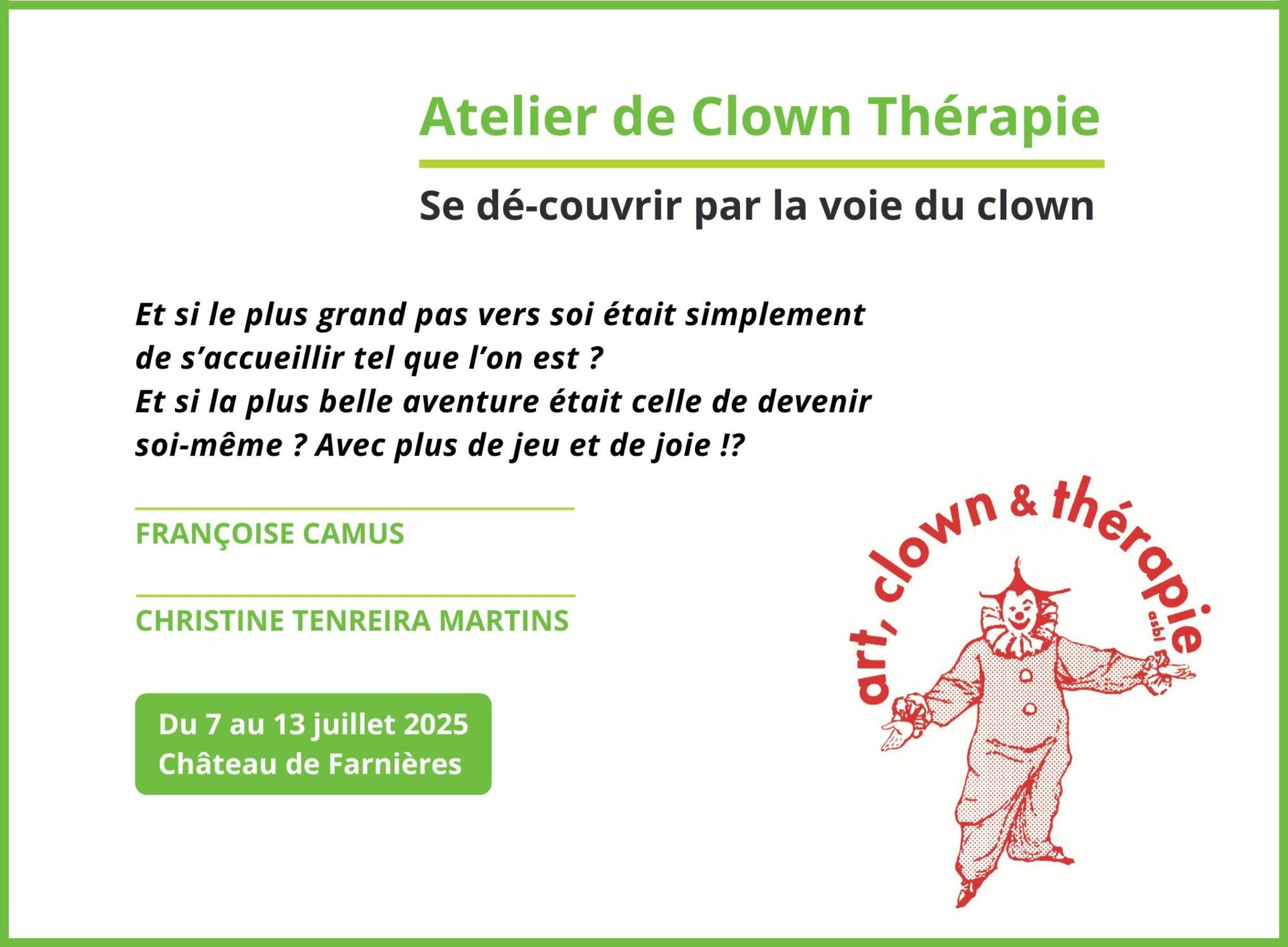 NOUVEAU : Atelier de clown-thérapie « Se dé-couvrir par la voie du clown » du 7 au 13 juillet 2025